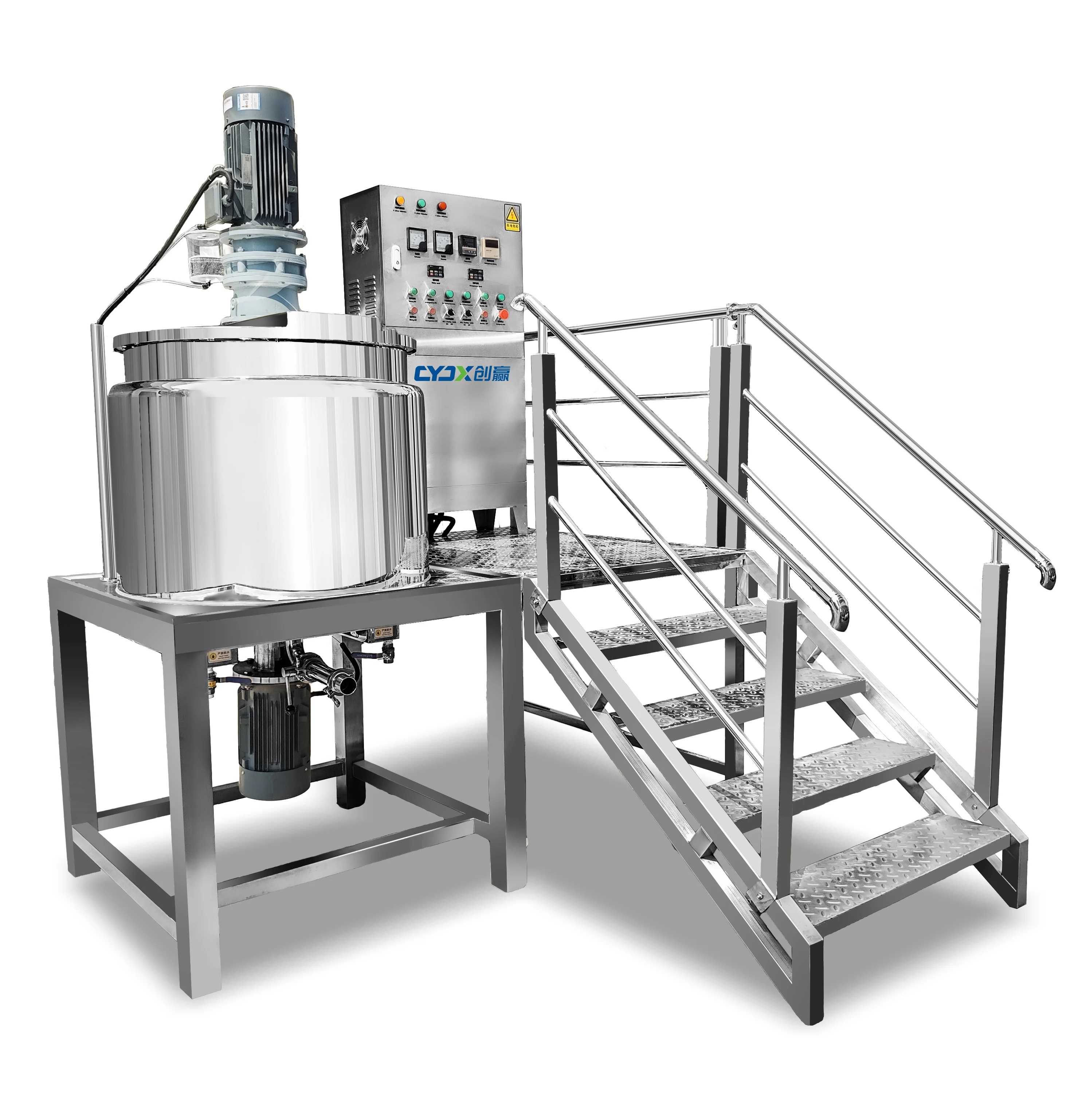 301L Movable Cheap and Fine Stainless Steel Flat Mouth Heating Mixing Pot with Homogenizer for Cosmetics