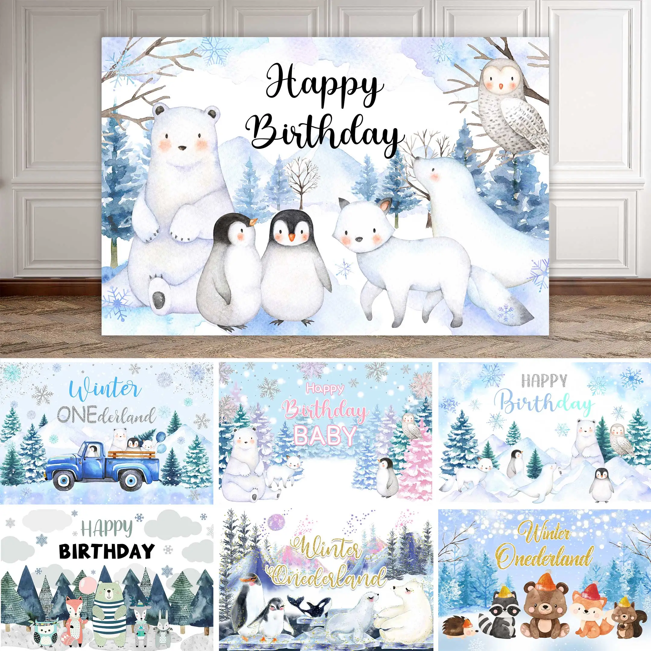 นีโอแบ็กฤดูหนาวสัตว์อาร์กติกเกล็ดหิมะหมีขั้วโลกเพนกวินถ่ายภาพวันเกิดสำหรับเด็กพื้นหลังอาบน้ำทารก