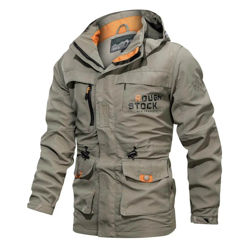 Chaqueta impermeable de gran tamaño para hombre, cortavientos con capucha, múltiples bolsillos informal con ropa de abrigo, gabardina, A2F086