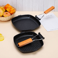 Portable Foldable Frying Pan Picnic Grill Pan Anti-scald Wooden Handle Outdoor Grill Pan Double Mouth Steak Pan(No Lid)