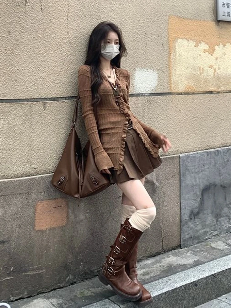 Amerikaanse Stijl Bruin Kant Gebreide 3 Delige Set Vrouwen Herfst Winter Casual High Street Sets Y2k Top + korte Rok Pak 2025 Nieuwe