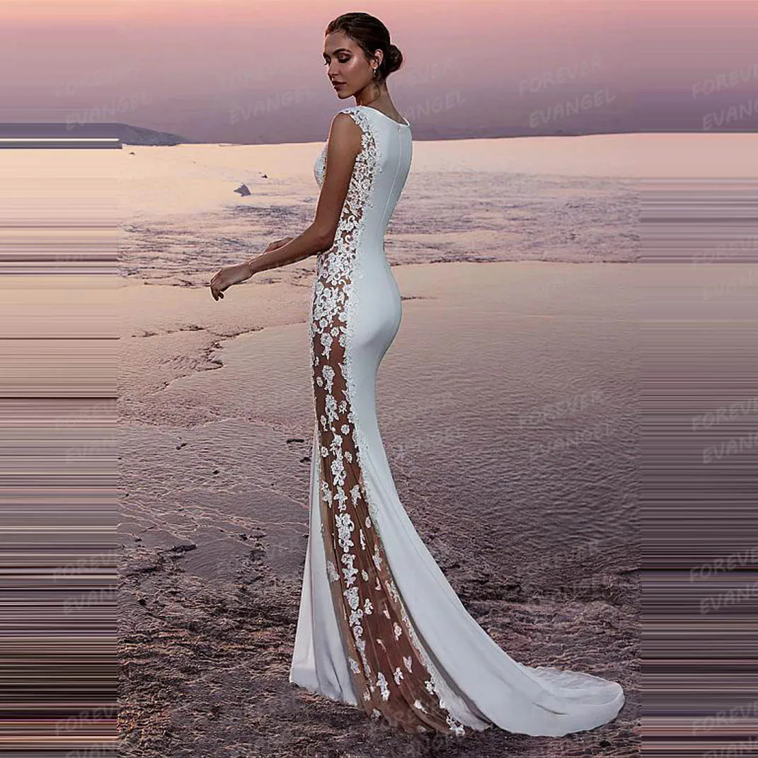 Eenvoudige Zeemeermin Trouwjurken Dames Applicaties Mouwloze Bruidsjurken Satijn Vestidos De Novia Aangepaste فساتomo Musta-2011