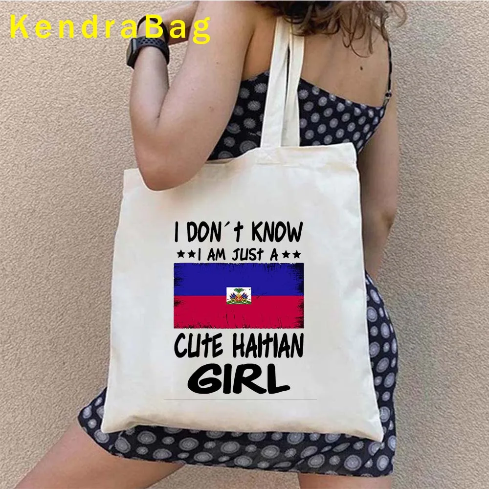 Haitian Girl Gift Arms of Haiti Country Map Flag Heritage Woman Love Heart Sunset Shopper Canvas Totes Bag Eco Shopping Handbags