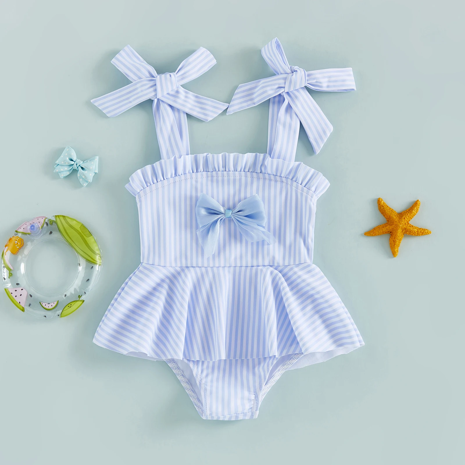 Casual Toddler Girl Swimsuit Cute Stripes Print Sleeveless Tie Shoulder Bathing Suit Baby Bodysuits Swimwear