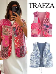 TRAFZA 2024 Women's Summer New Chic Cotton and Linen Short Vest Tops Retro Printed Lace-Up Sleeveless Women's Street Vest Y2K