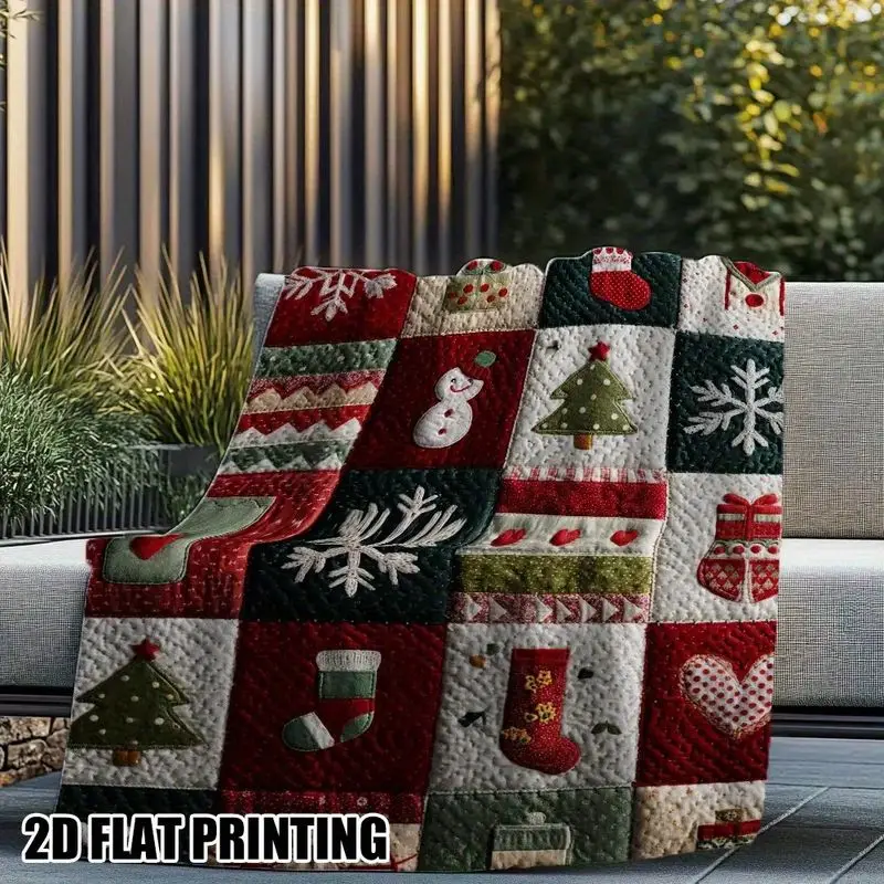 VIKAMA Cozy Quilted Christmas Throw Blanket with Snowman Tree Stocking and Snowflake Blocks for Couch Sofa and Bedroom Decor