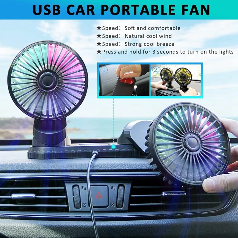 Car Fan, 360° Adjustable Dual Head USB Cooling Air Fan Low Noise Fan For Car SUV RV Truck ,With Coloured Light