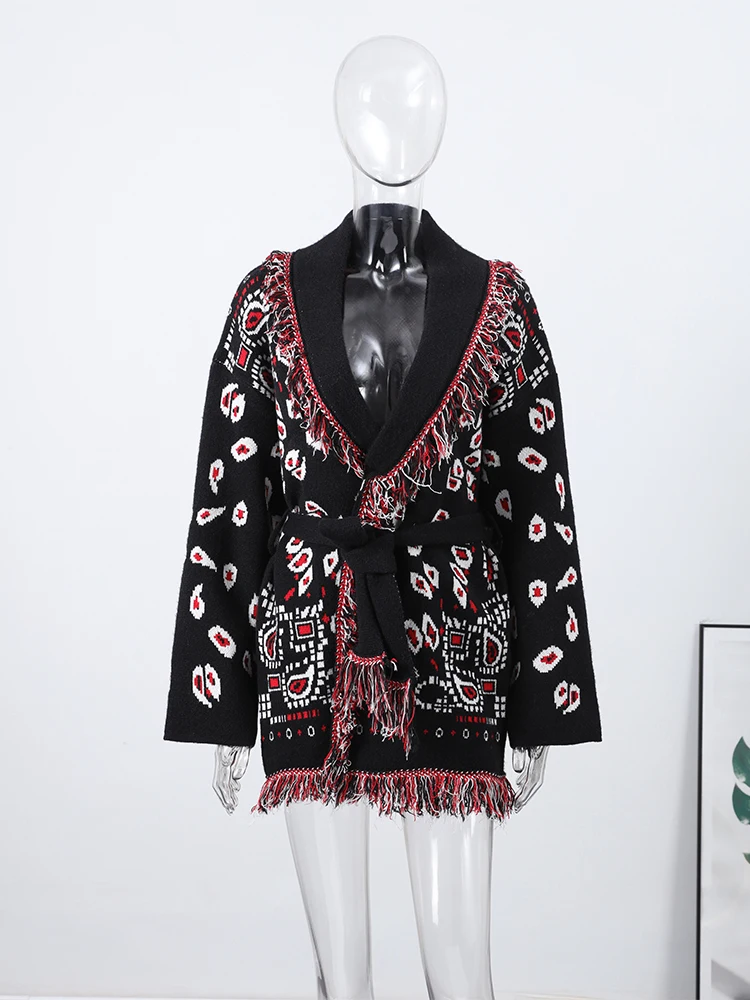 Casual Printed Cardigans Women Tassel Lace Up V-neck Full Sleeve Loose Knit Coat Female 2026 Autumn Winter Lady Outwears New