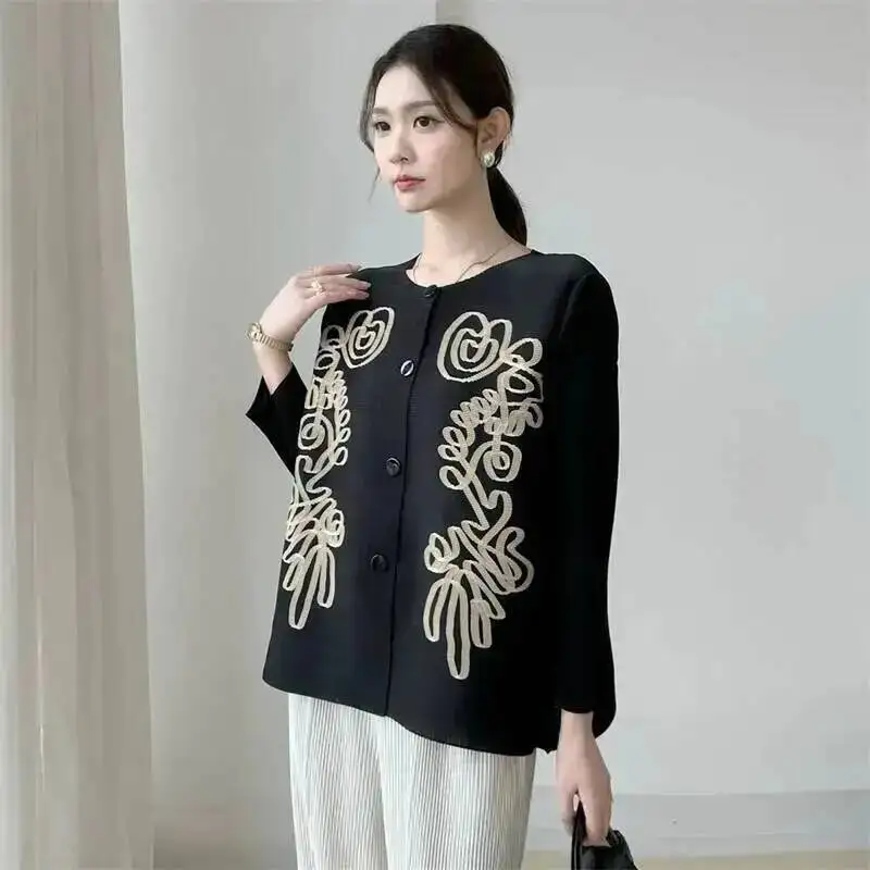 

Printting Women's Pleated Pleated Shirt 2025 Autumn Single-Breasted Long Sleeve Chic Loose Elastic Blouse Top 2K3QT