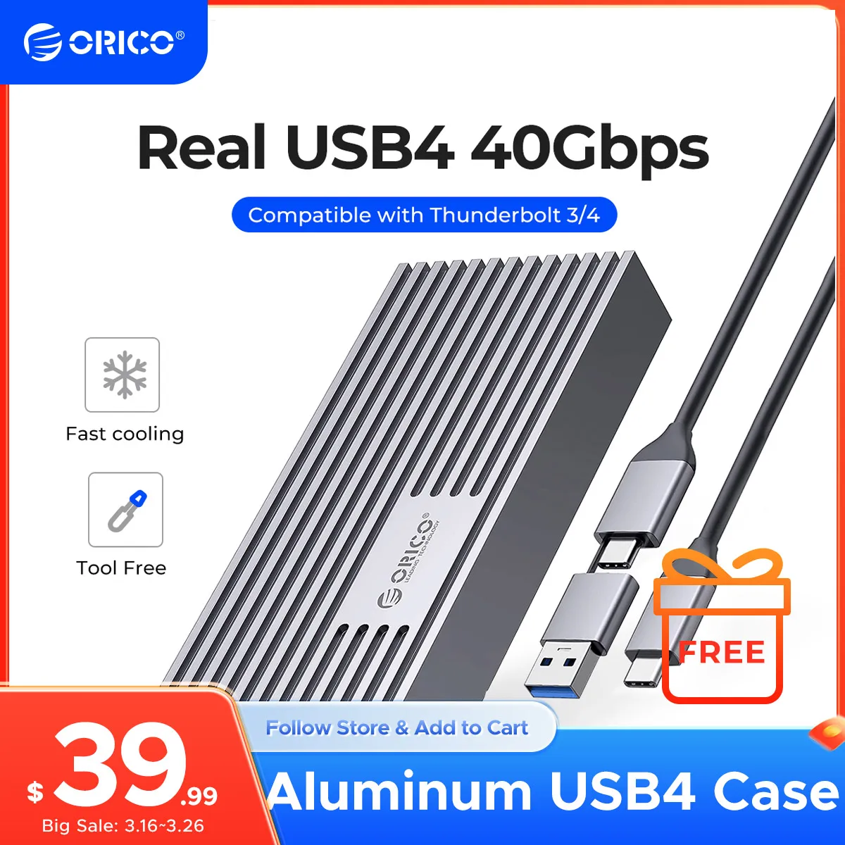 ORICO NVMe M.2 SSD Enclosure USB4 40Gbps PCIe3.0x4 20Gbps 10Gbps M.2 External Case Compatible with Thunderbolt 3/4