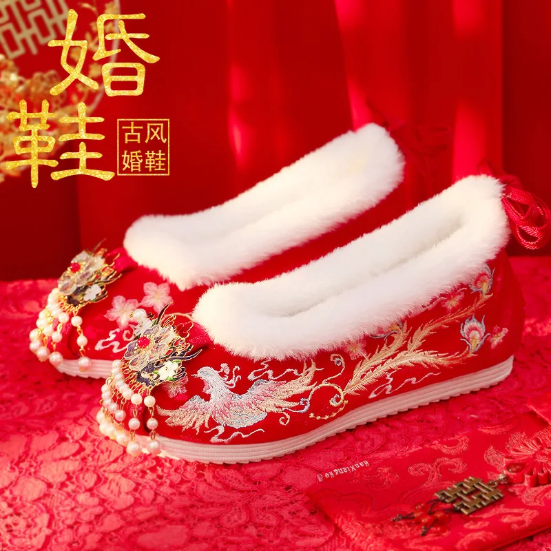 

Обувь в стиле Хань с флисовой подкладкой, винтажные свадебные туфли Xiuhe с вышивкой, на низком каблуке, из ткани.