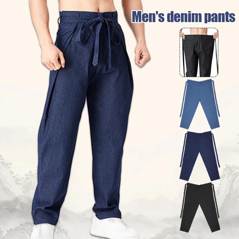 Men Low Crotch Baggy Jeans Pants Lace-up Belted Pants Gothic Harem Trousers Chinese Traditional Ming Dynasty Trousers