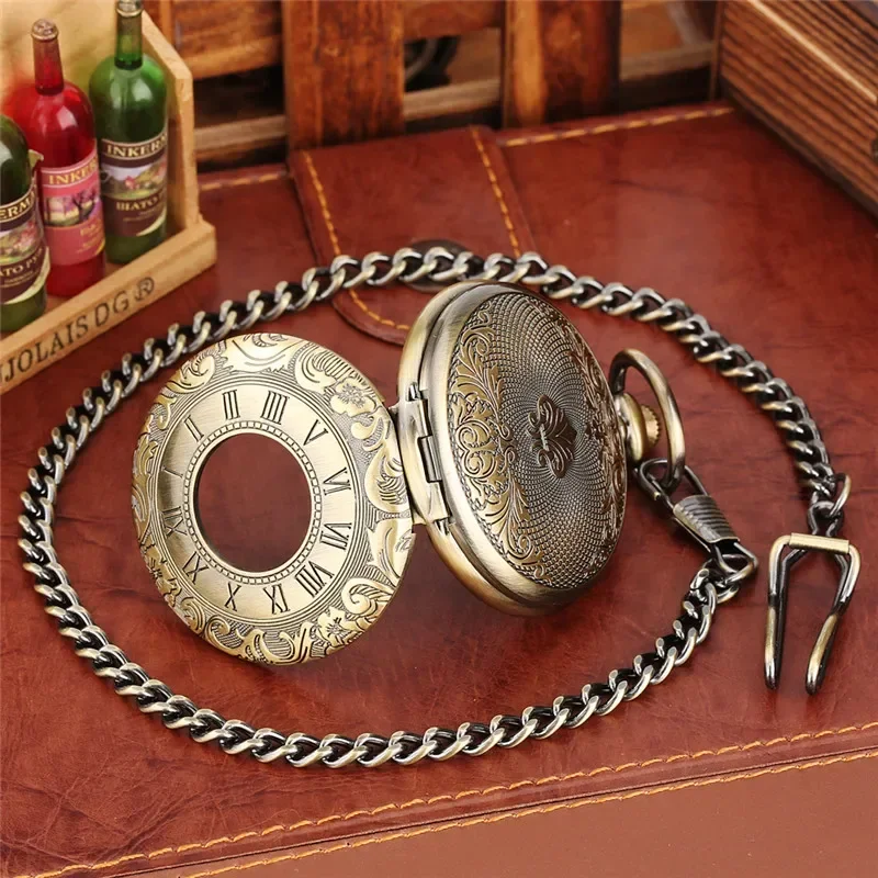 Bronze Carved Roman Number Case Men Women Handwinding Mechanical Pocket Watch Skeleton Timepiece with Pendant Chain Gift Clock