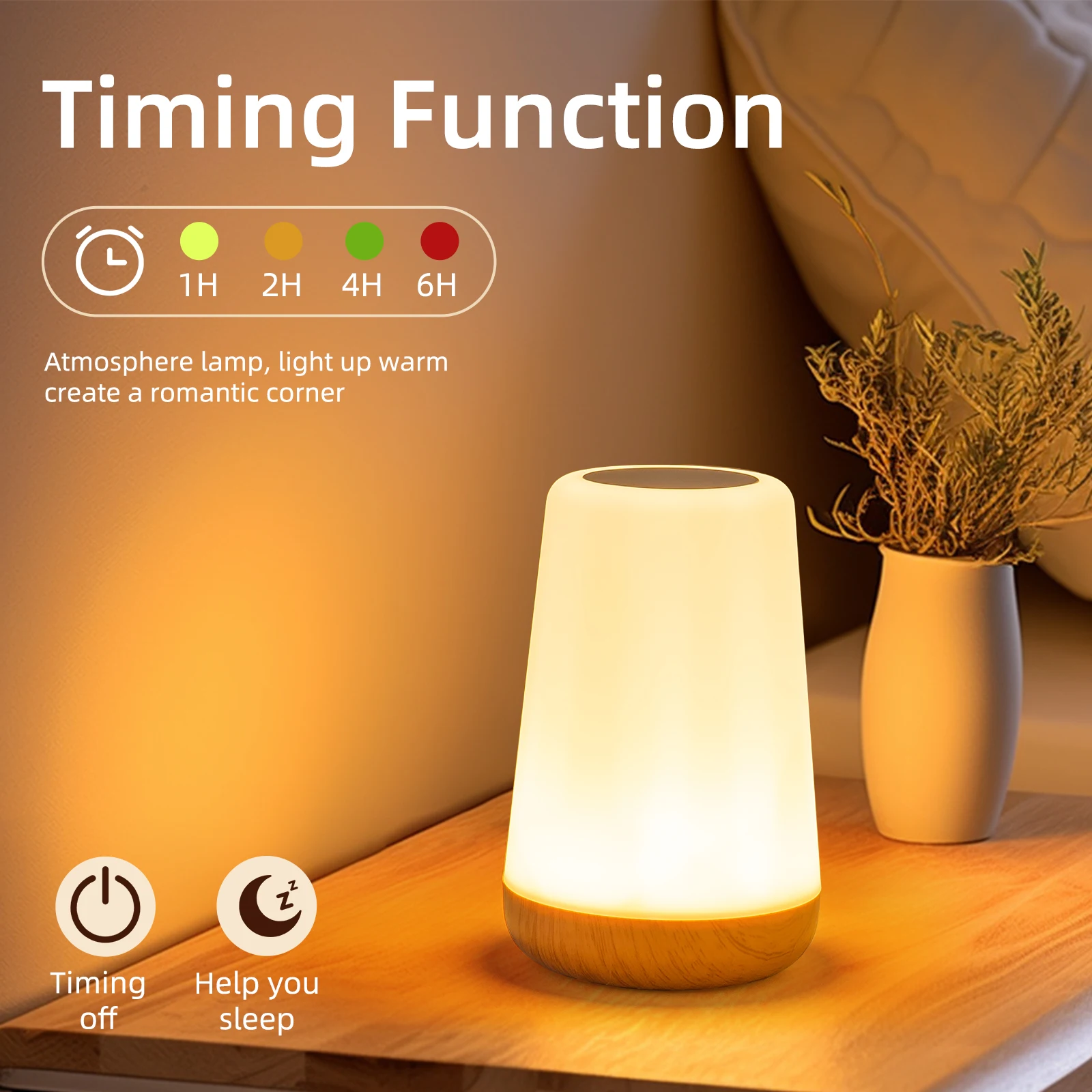 

Creative New Wood Touch Remote Control LED Night Light Modern Drum Shade Bedside & Desktop Lamp for Outdoor Decorations Camping