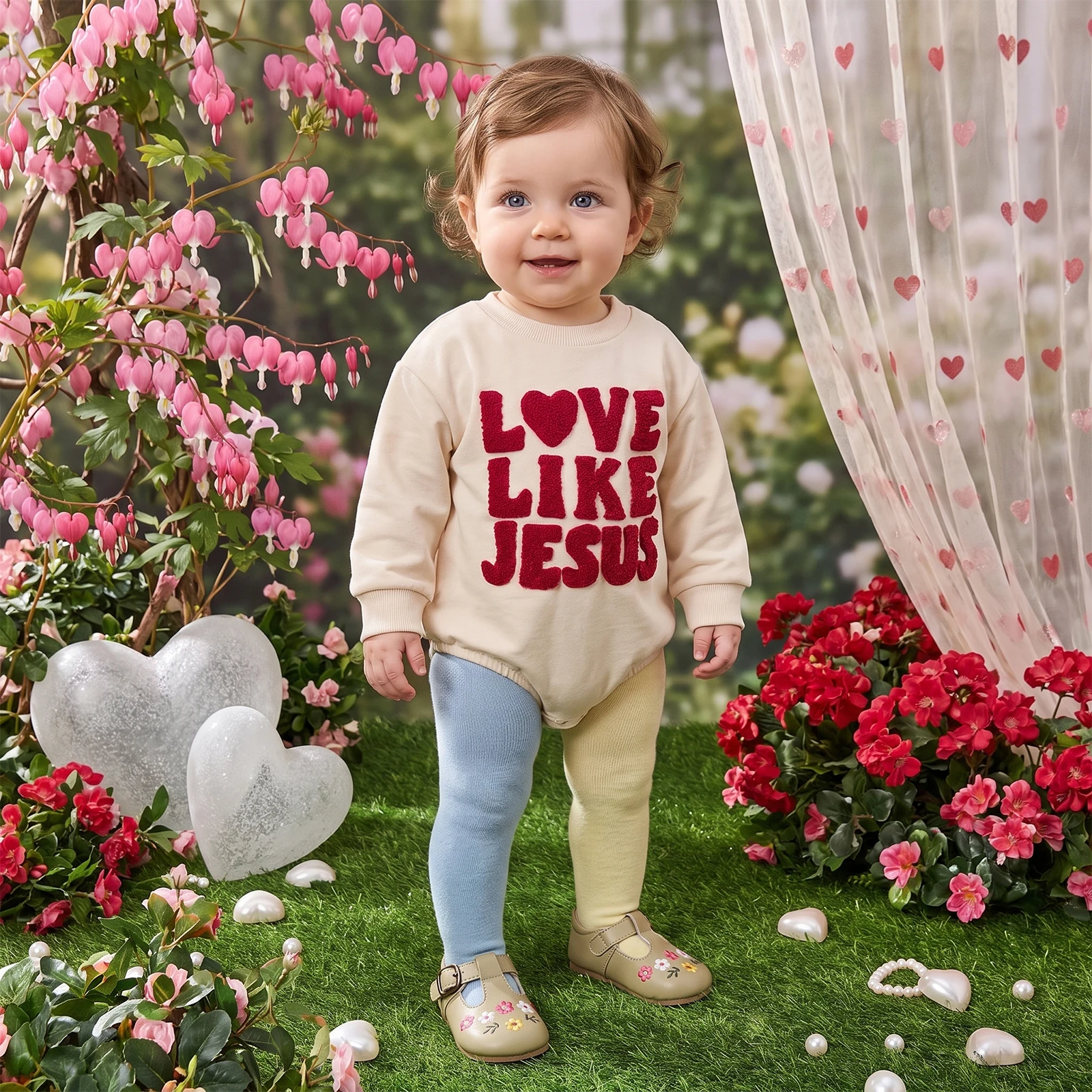 Baby Valentines Romper Letter Embroidery Crew Neck Long Sleeve Jumpsuit
