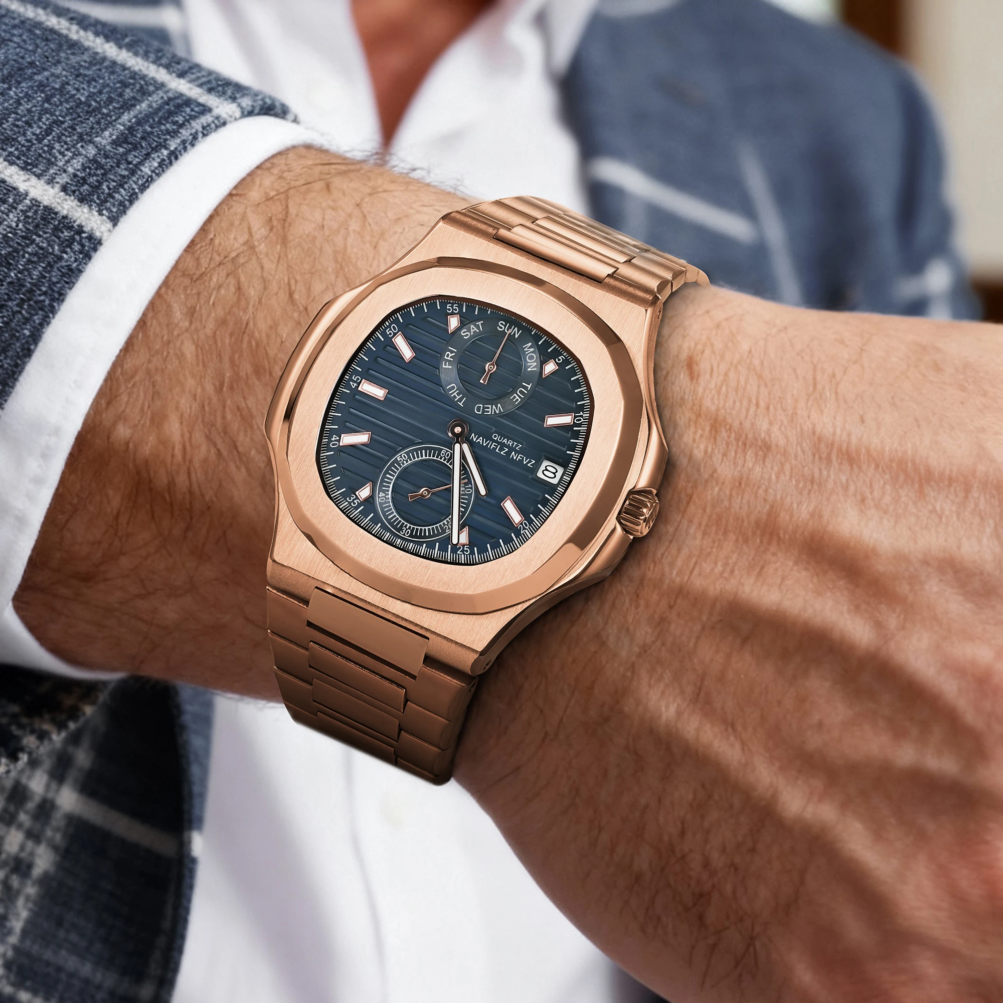 

NAVIFLZ NFVZ Модные мужские деловые часы с ремешком из нержавеющей стали, кварцевые наручные часы с календарем, мужские часы Reloj Hombre (с коробкой)