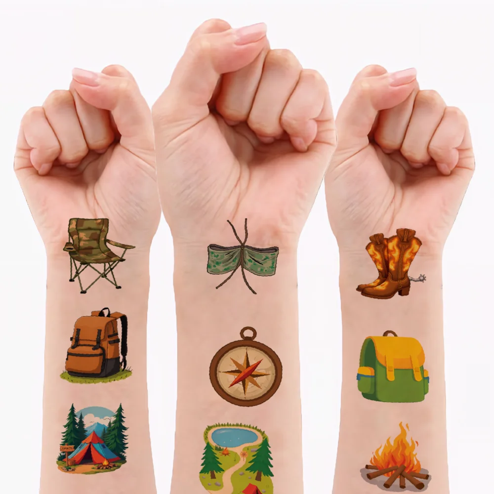 

54 шт., временные татуировки, наклейки для кемпинга, временные татуировки, уличные наклейки, мультяшный лагерь для щек, девочек и мальчиков