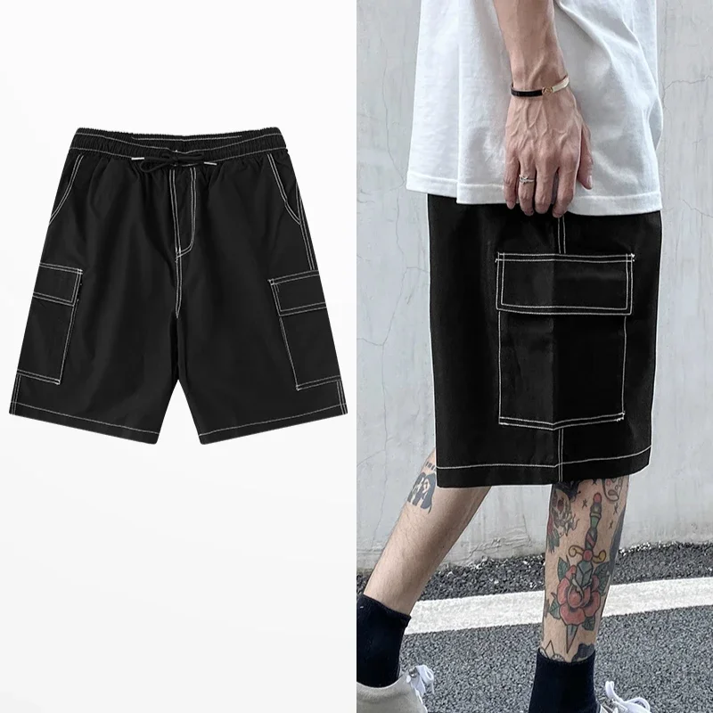 Calções masculinos verão baggy chique ins moda casual estilo japonês cintura elástica calças sólidas design masculino harajuku curto