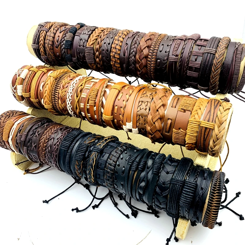 10pcs Leather Cuff Bracelets For Men and Women Retro Handmade Ethnic Style Fashion Jewelry Rope Tie Size Adjustable