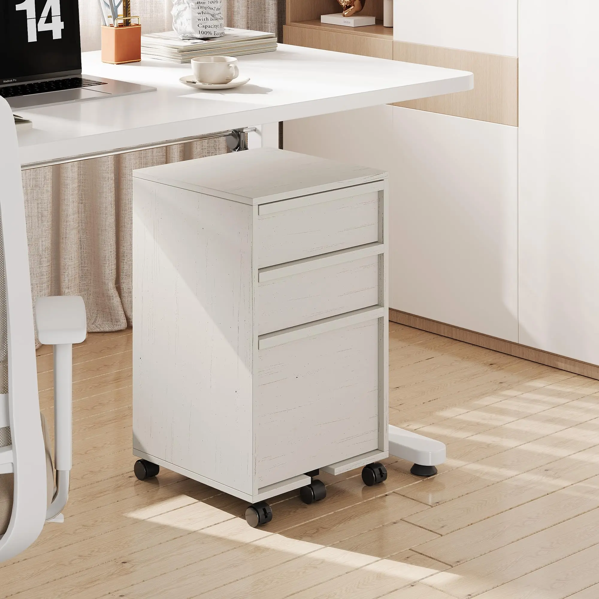 Rolling File Cabinet With 3 Drawers, Mobile Under Desk Filing Cabinet With Locking Wheels, Wood Printer Stand For Home Office Storage