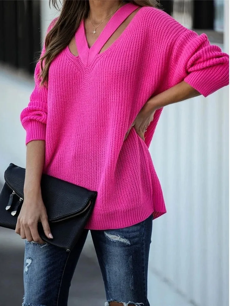 2025V Neck Casual Women Pulovers Sweaters Knitted Loose Fashion Solid Color Autumn Winter Simple Outerwears Clothing Pull Femmes