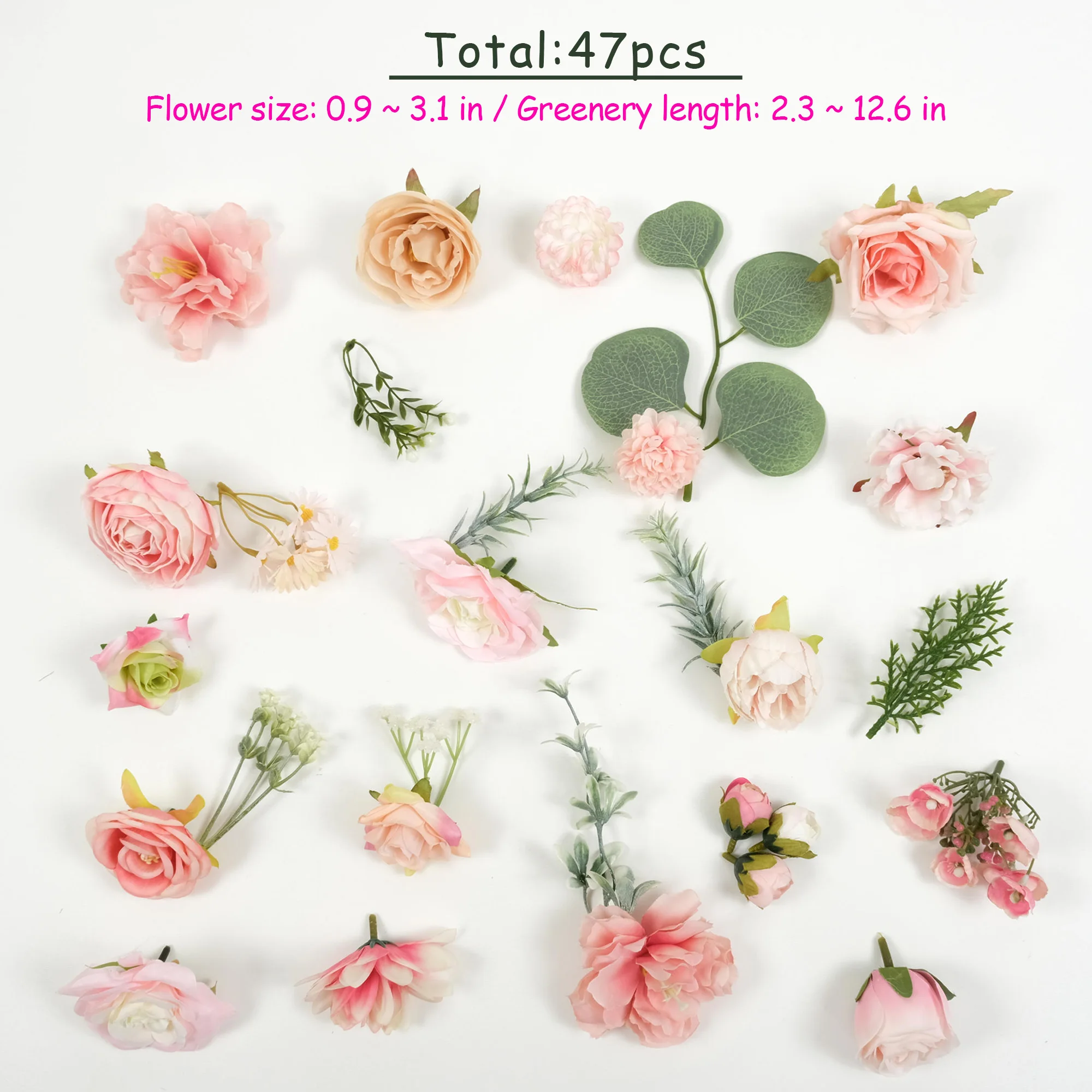 47PCS Pink Artificial Silk Flower Head Green Leaf Combo Set For DIY Wedding Party Corsage Wreath Decor Faux Flower