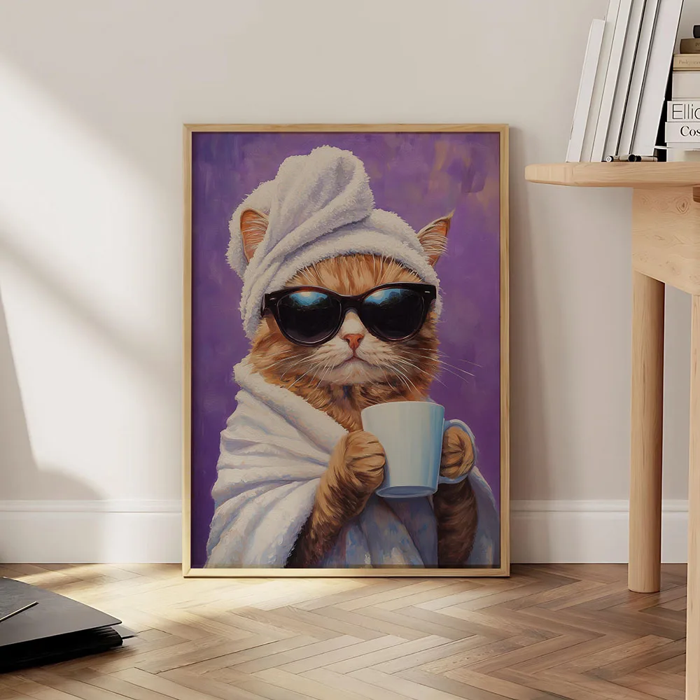 الحيوان الوردي القط شرب القهوة الملصقات قماش اللوحة طباعة القط الفن غرفة المنزل المطبخ بار مقهى غرفة جدار ديكور #2