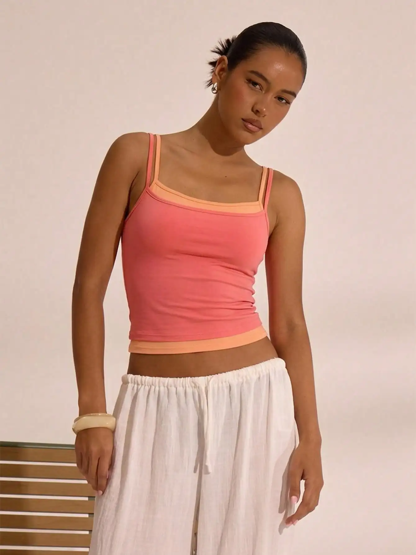 Double Layer Strappy Square Neck Cami Top Spring Summer Holiday Vacation Airport Boho Ibiza Elegant Cute Y2K Festival Casual