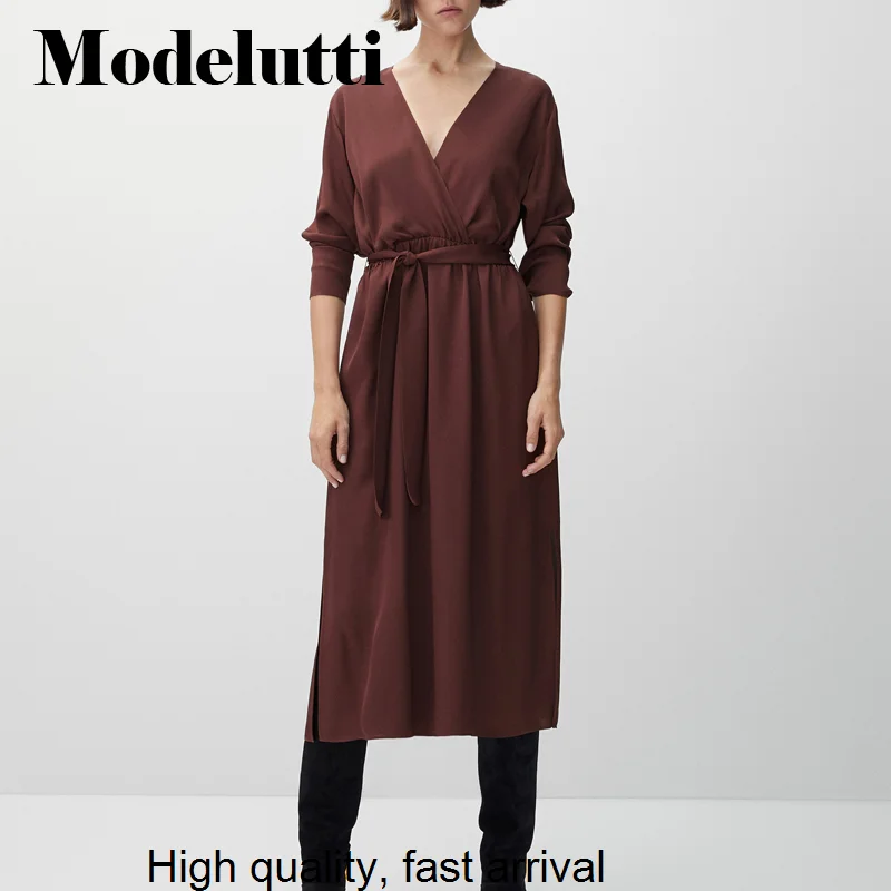 Spring 2023 New Summer Fashion Satin Elastic Waist Belt Long Sleeve V-Neck Dress Solid Color Simple Casual Slim Women