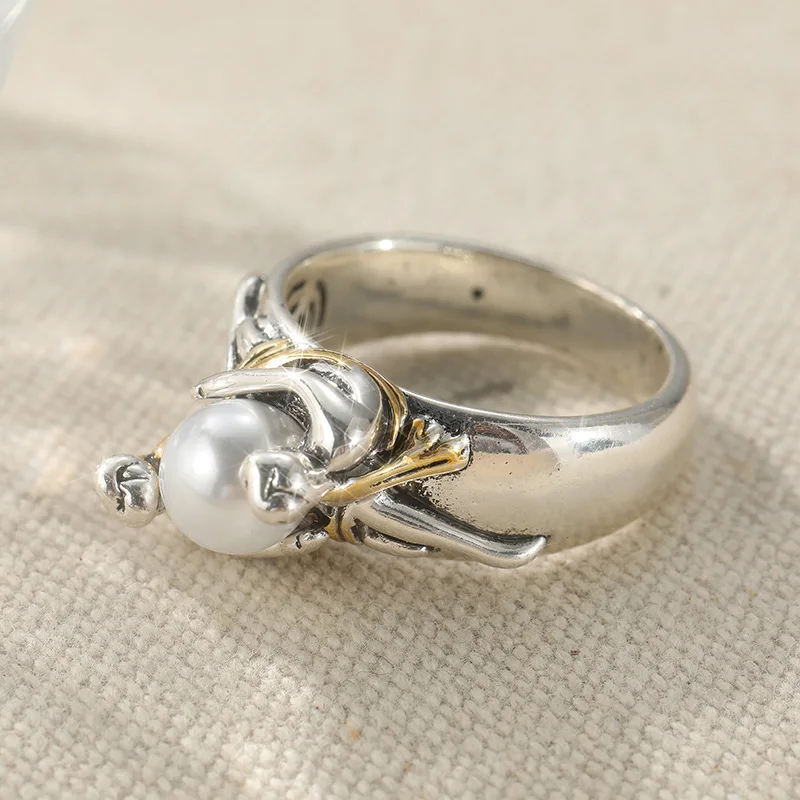 Vintage-Ring für Damen mit eingelegten Kunstperlen, ethnische Silberfarbe, handgeschnitzt, für den täglichen Gebrauch, Partyschmuck, Jubiläumsgeschenk – Detail 2