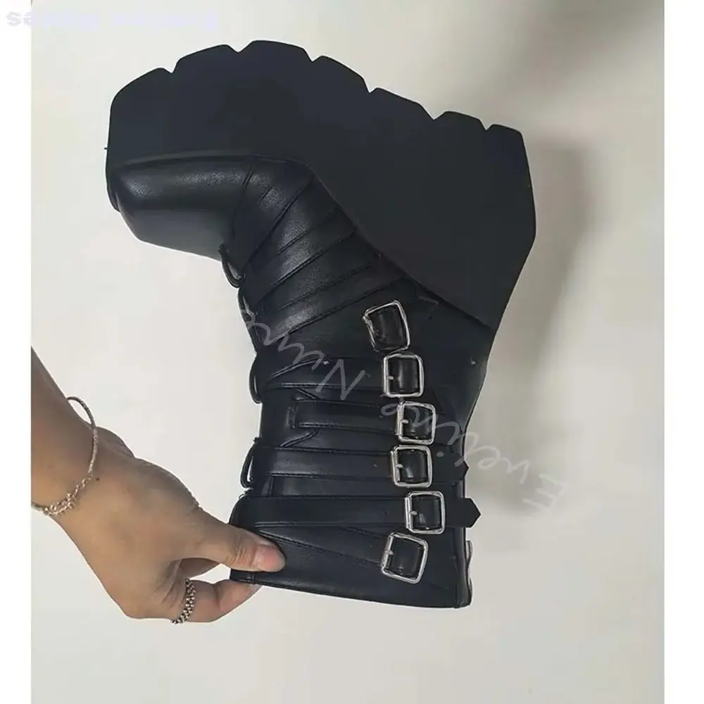 

Belt Buckle Platform Motorcycle Boots Women Round Toe Wedges Black Leather Back Zipper Knee High Boots 2026 Punk Hotties Boots