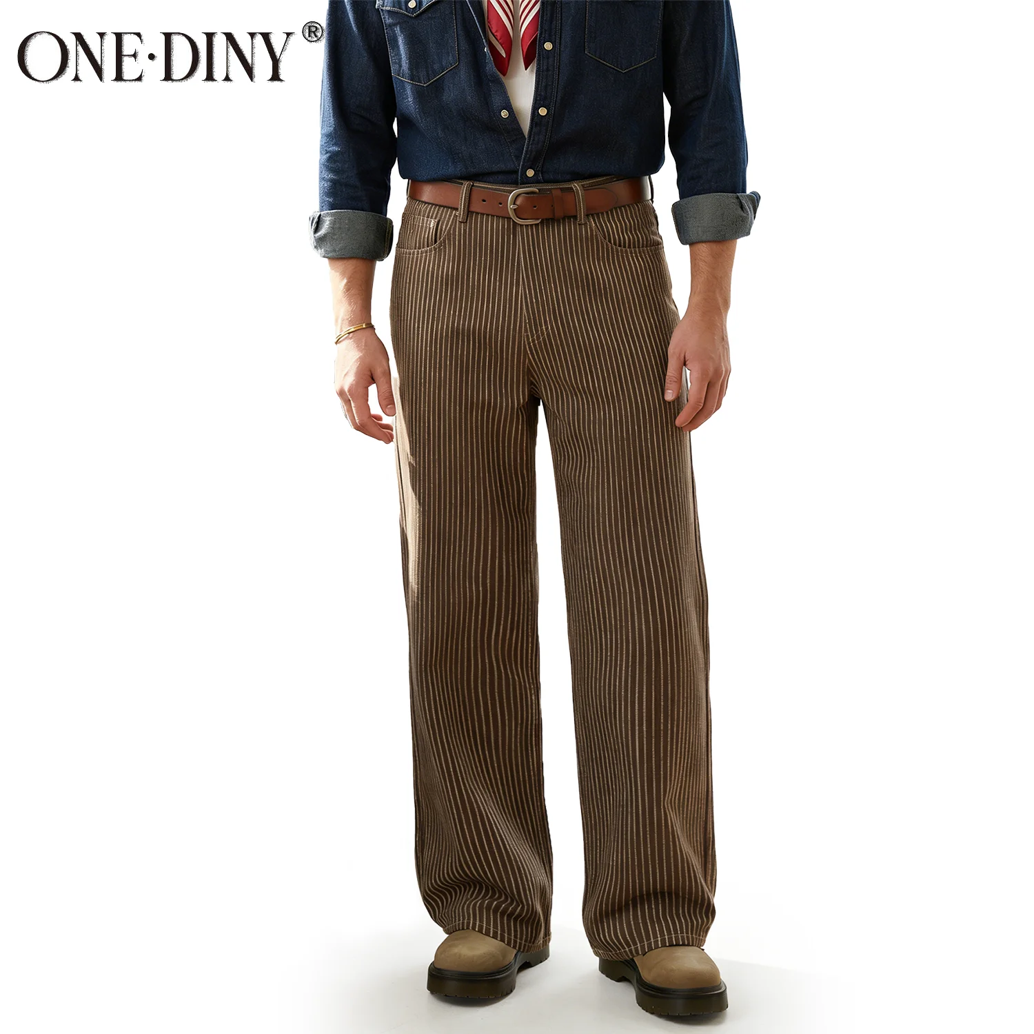 ONE·DINY Japanese Korean Vertical Striped Jacquard Wide-leg Jeans Retro Striped Business Casual Baggy-Fitting Denim Pants