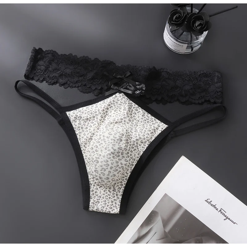 Male Wide Lace Waistband Thongs Leopard Print Thin Strap Ice Silk Low Rise U Pouch Breathable Gay Men Underpants