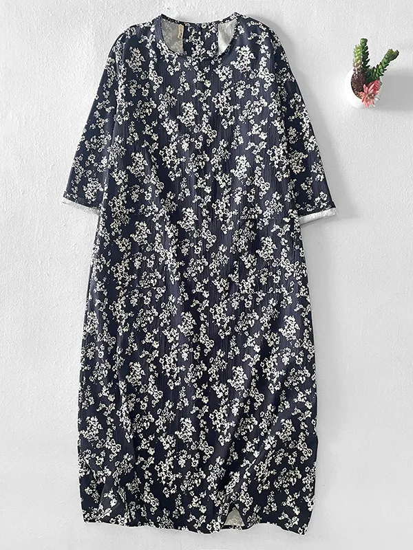 

Casual Summer Cotton Dress Women's Loose Fit Midi Length Printed Salt Shrink Floral A-Line Dress High Waist round Neck Short ...