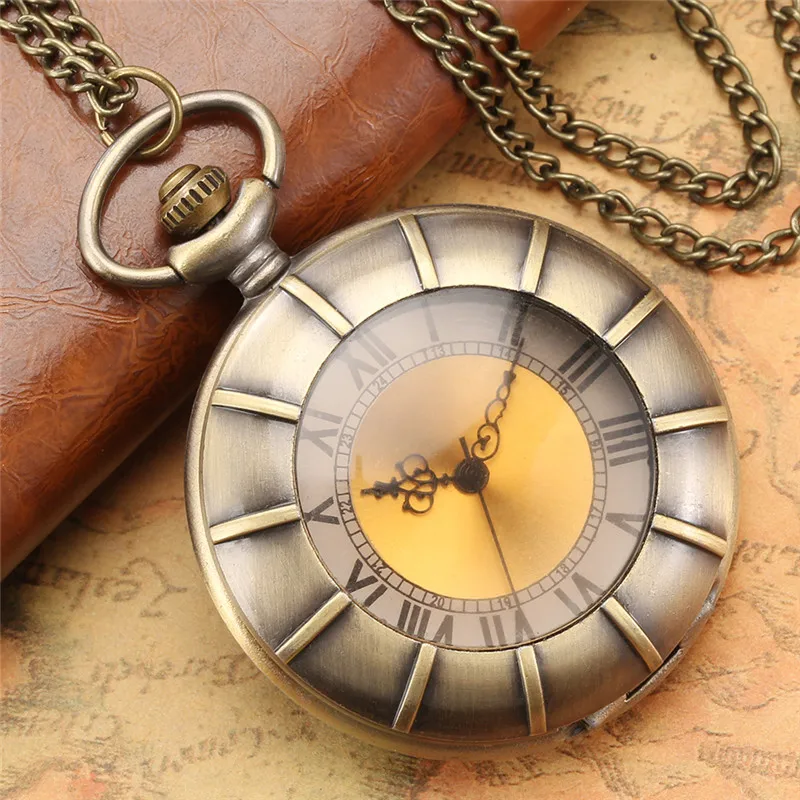 Bronze Transparent Cover Pocket Watch Men Women Quartz Movement Clock Roman Number Dial Necklace Chain Gift Reloj