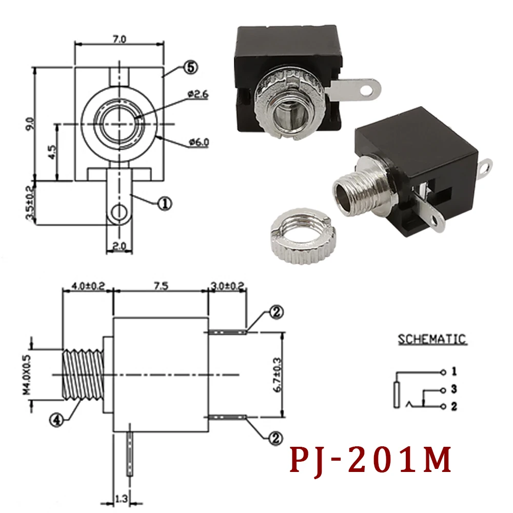 5/10Pcs 2.5MM Headphone Jack PJ-201M 3Pin DIP Mono Channel Audio Female Socket PCB Panel Mount Connector PJ201M Earphone Adapter