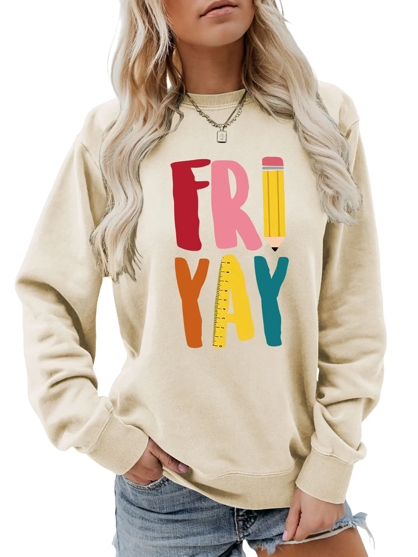 Autumn and winter new long-sleeved T-shirt hoodie fri yay printed casual loose fashion crew-neck top all match women's pullover