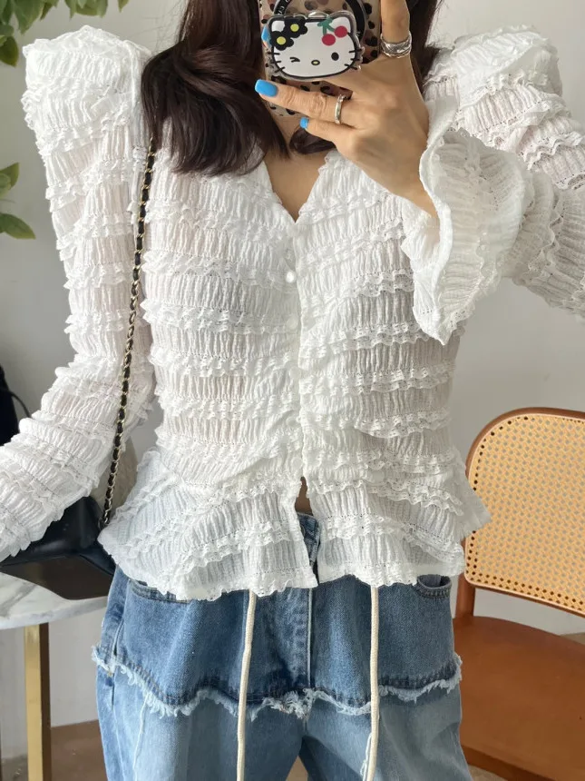 Slim Fit V-Ne Pieghettato Bell Sve irt Donna Chic Retro Primavera Nuovo Sle Lungo Sve Materiale sottile Lunghezza regolare irt