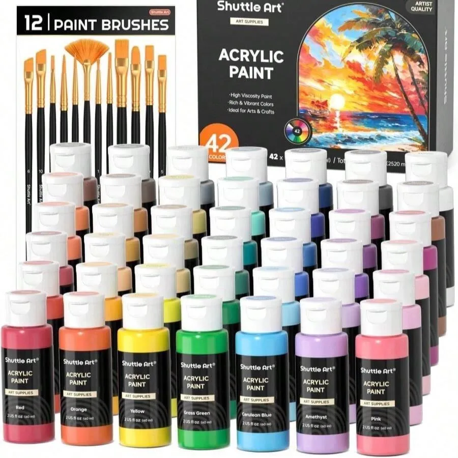 

Shuttle Art Acrylic Paint, 42 Colors Acrylic Paint Set With 12 Brushes, 2oz/60ml Bottles, Rich Pigmented, Water Proof, Premium
