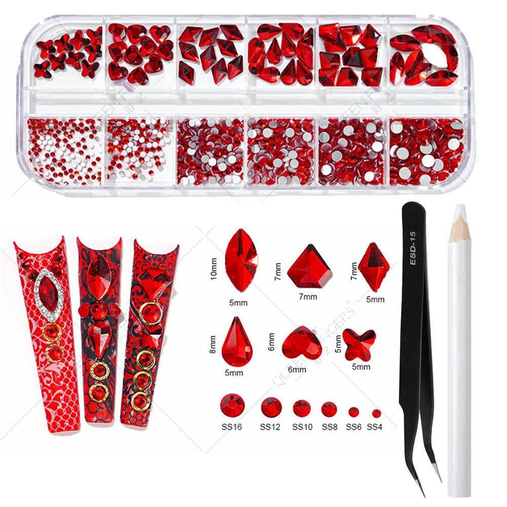 

Heart/Drop Nail Art Rhinestones Mix Shaped Flatback Nail Crystals with Tweezers and Picking Pen DIY Decoration for Nail Art Gems