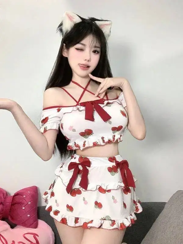 Korean Style New Sexy Uniform Student Strawberry Printing Short Sleeve Top Bow Short Skirt Set Campus Students JK Uniform F4TC