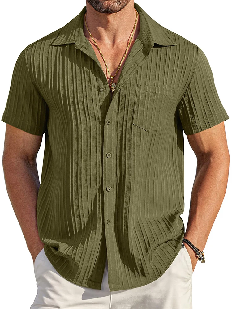 

Fashionable Striped Texture Solid Color Shirts Men Summer Daily Leisure Loose Short Sleeve Shirt Tops Mens Clothes Vintage Shirt