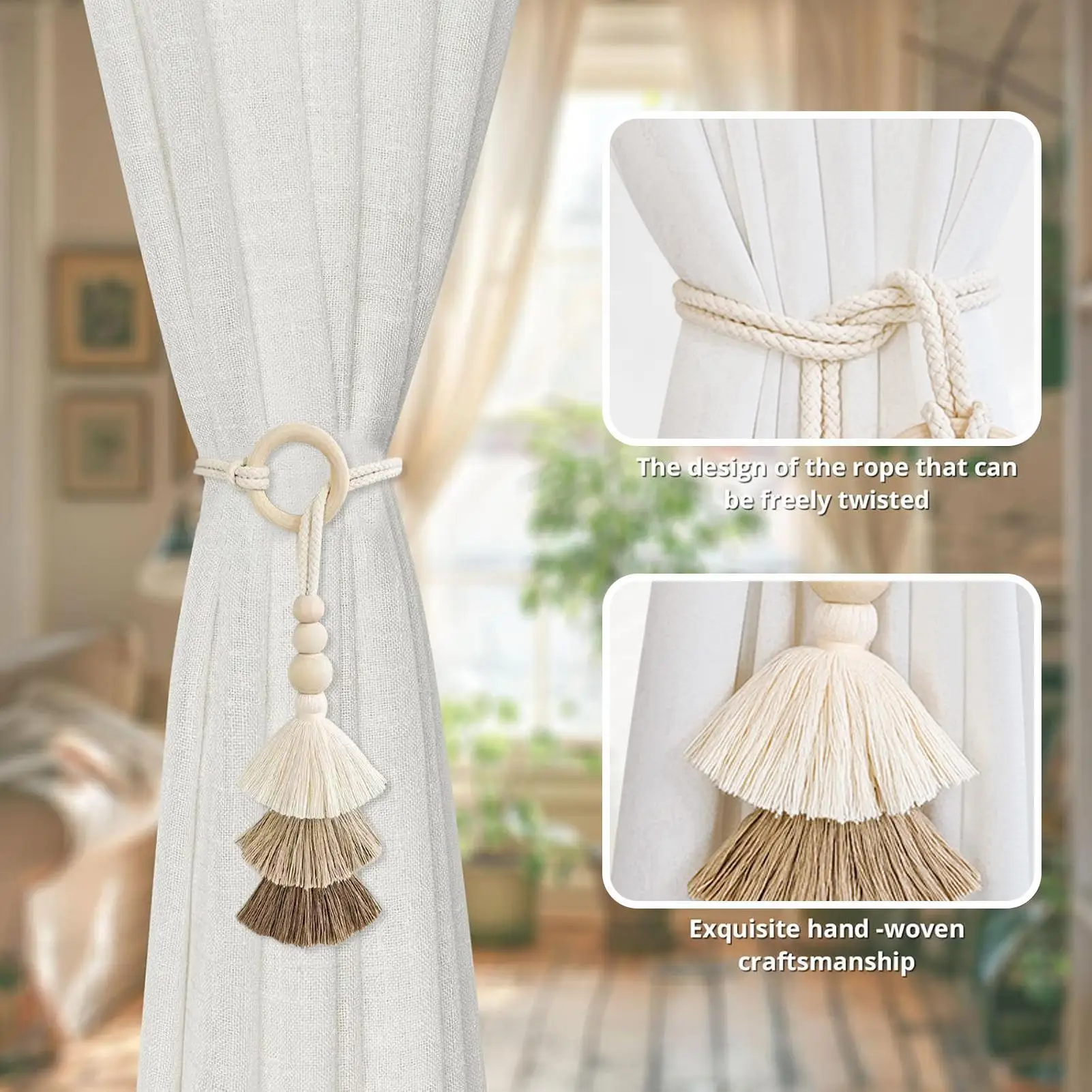 Tassel Tiebacks For Curtains Window Curtains Fastener 2 Pieces Decorative Window Drapery Holdbacks For Bedroom Adjustable Drape