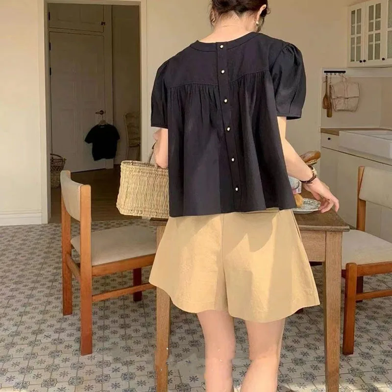 

Black round Neck Two-Way Wear Shirt Women's Summer New Design Sensation Elegant Short Sleeve Top Fashionable Loose Fit Blouse