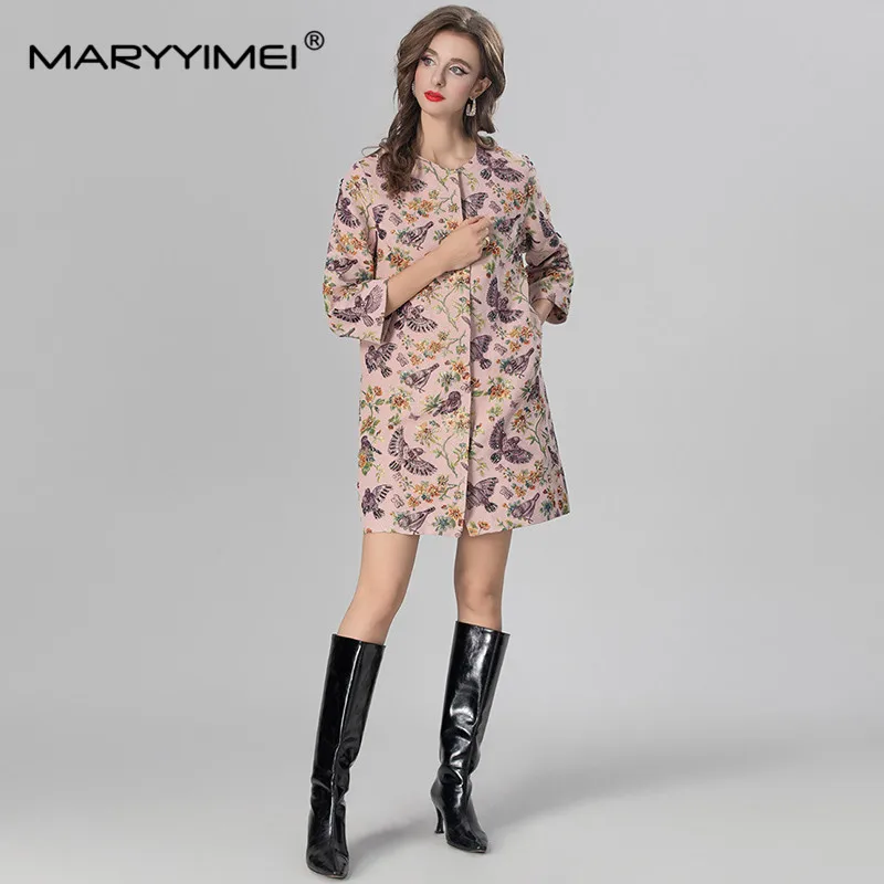 MARYYIMEI Women's Daily Casual Coat Three Quarter Sleeve Single-Breasted Beading Flower and bird patterns Short Overcoat