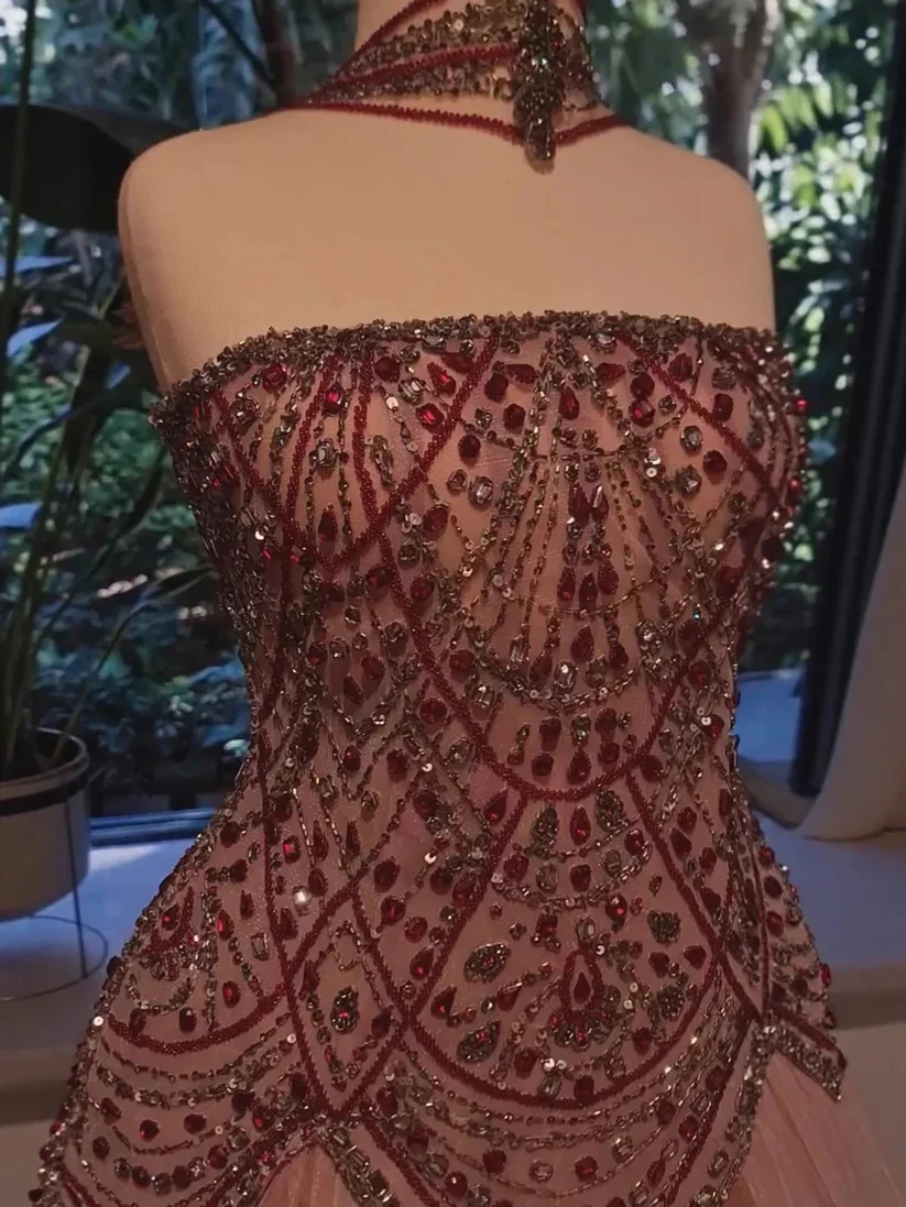 

New Design Strapless Choker Neck Beaded Sequin Crystal Ruffles Corset Tulle A Line Evening Dress Prom Formal Party Gown