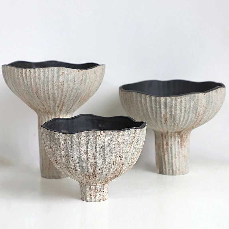 Modern Zen Ceramic Vase Wabi-Sabi Large-Mouth Lotus Pot Vintage Cement-Style Decor Artistic Hotel Display Stand