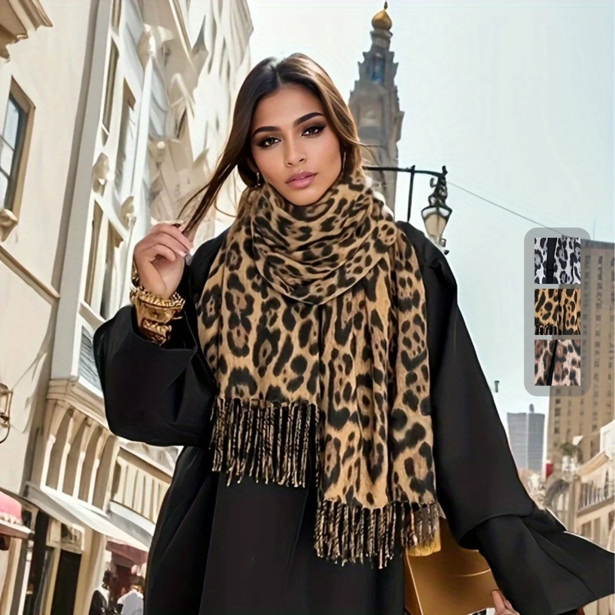 Luxury Women's Cashmere - Leopard Print Scarf Shawl - Toned Animal Print Winter Wrap, Soft Windproof Warm Cashmere Shawl for Parties Weddings Outfits, Elegant Tassel Fringe Cashmere Scarf (Hand Wash/Dry Clean)