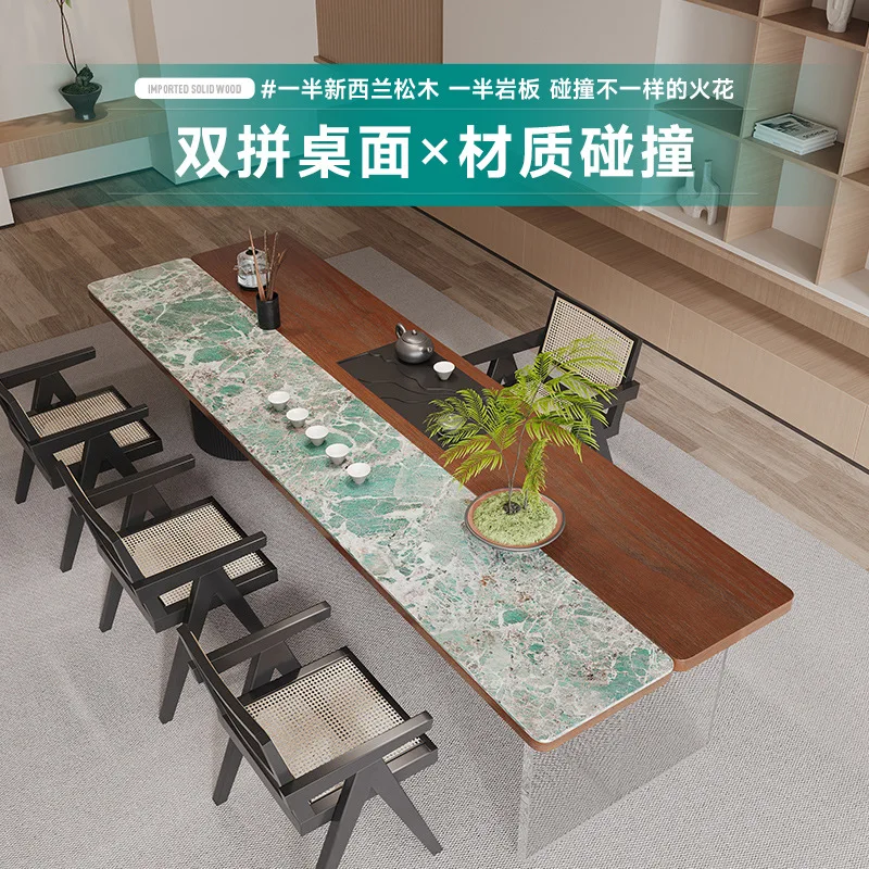 Green rock slab solid wood double tea table large integrated kettle
