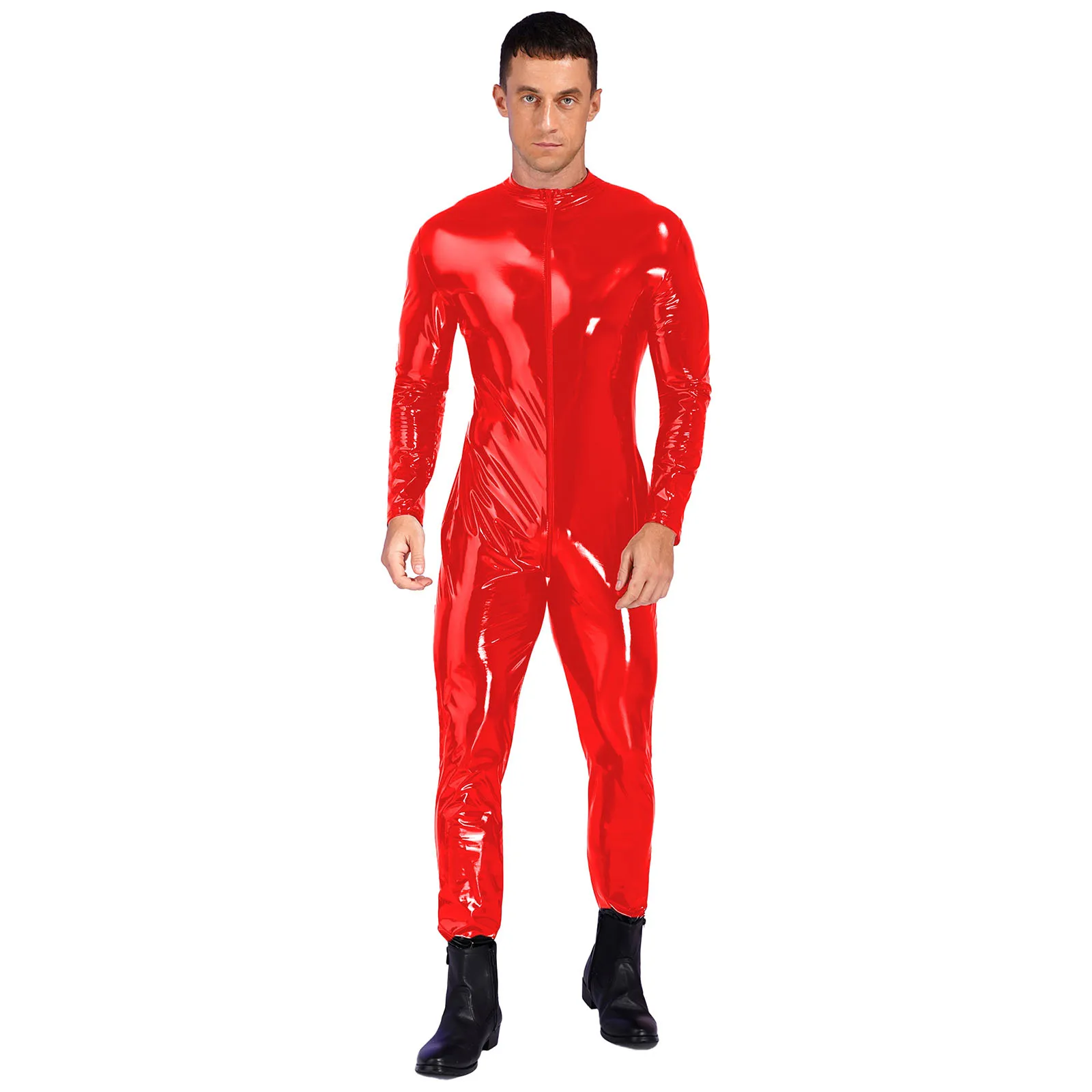 

Mens Glossy Zipper Crotch Bodysuit Patent Leather Tights Jumpsuit Wet Look Catsuit Long Sleeve Rave Party Pole Dancing Clubwear